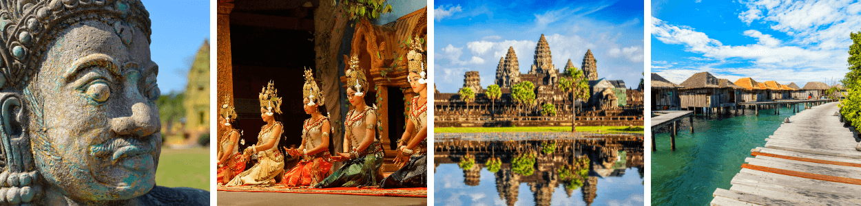 Angkor wat temple, Apsara dancers kneeling, Resort bungalows over water, Divine statue in Siem Reap city temple